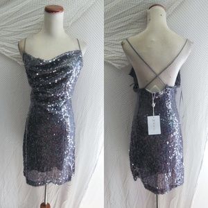 NEW WAYF X Emma Rose GUNMETAL GRAY Midnight DRAPED SEQUIN Cocktail SLIP DRESS M